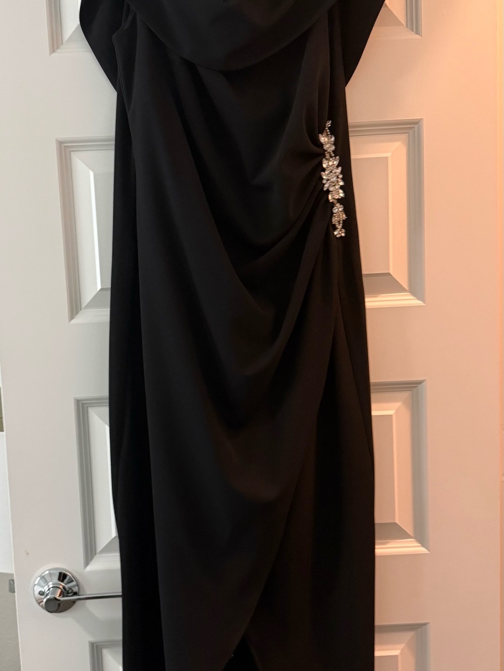 MSK Black Strapless Draped Evening Dress with Crystal Accent